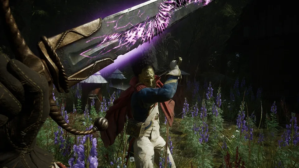 A Transmutation conjures a glowing greatsword against a golden-masked soldier in Valor Mortis
