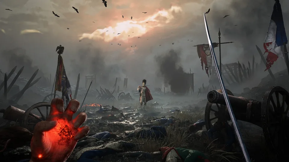 Valor Mortis key art: a fallen Napoleonic soldier faces General Lothaire on a plague-stricken battlefield, a burning Transmutation glowing in his hand