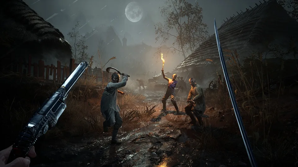 Valor Mortis night fight with pistol and saber against plague-stricken villagers