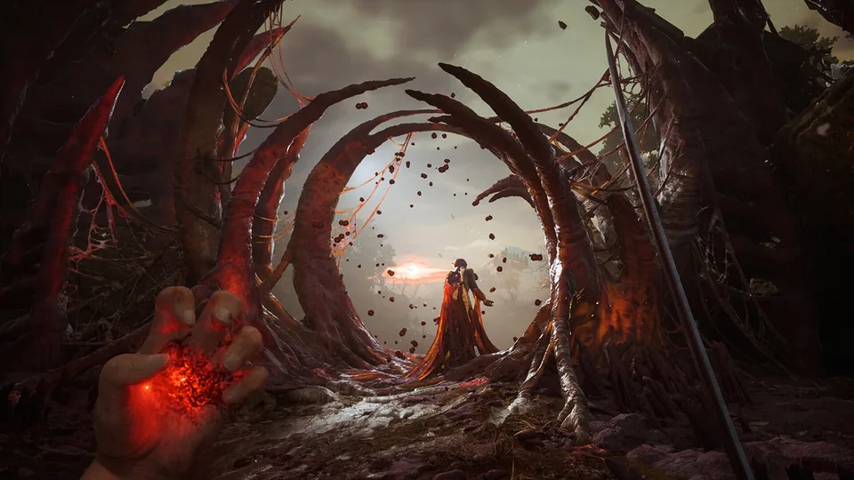 William Dowsett approaches a massive organic portal in Valor Mortis, a burning Transmutation glowing in his hand